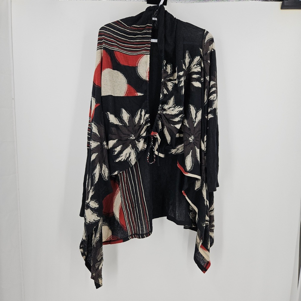 Babette San Waterfall Cardigan Black Red Mixed Print Cotton Linen Open Front S